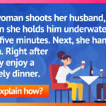 A woman shoots her husband, then she holds him underwater for five minutes. Next, she hangs him. Right after they enjoy a lovely dinner.