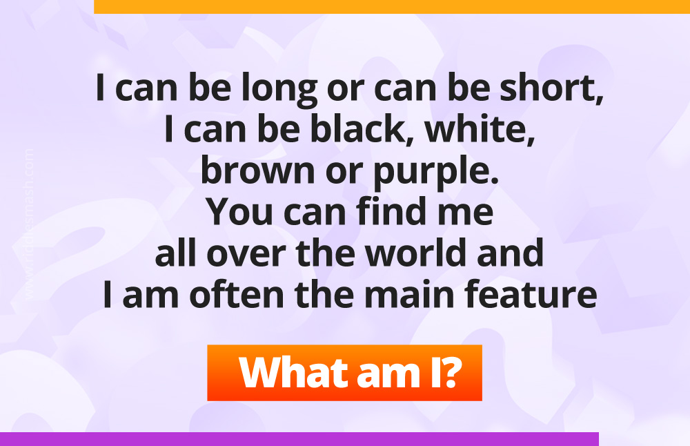 I can be long or can be short, I can be black, white, brown, red or purple. You can find me all over the world and I am often the main feature.