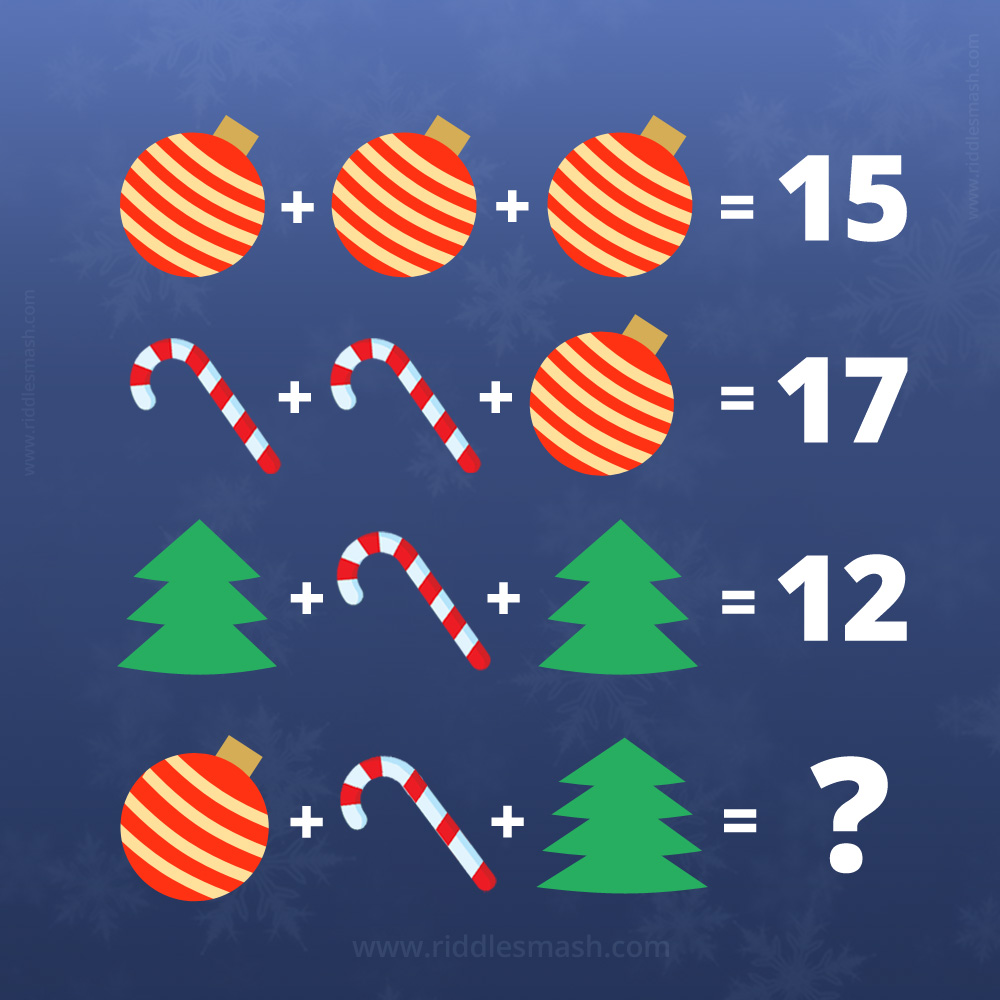 New Year's math problem with baubles, candy canes and christmas trees