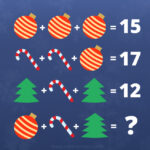 New Year's math problem with baubles, candy canes and christmas trees