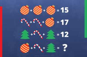 New Year's math problem with baubles, candy canes and christmas trees