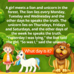 A girl meets a lion and unicorn in the forest. The lion lies every Monday, Tuesday and Wednesday and the other days he speaks the truth. The unicorn lies on Thursdays, Fridays and Saturdays, and the other days of the week he speaks the truth. “Yesterday I was lying,” the lion told the girl. “So was I,” said the unicorn.