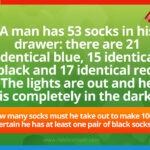 A man has 53 socks in his drawer: there are 21 identical blue, 15 identical black and 17 identical red. The lights are out and he is completely in the dark.