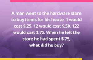 A man went to the hardware store to buy items for his house. 1 would cost $.25. 12 would cost $.50. 122 would cost $.75. When he left the store he had spent $.75, what did he buy?
