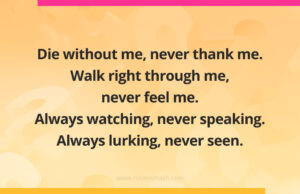 Die without me, never thank me. Walk right through me, never feel me. Always watching, never speaking. Always lurking, never seen.