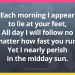 Each morning I appear to lie at your feet, All day I will follow no matter how fast you run, Yet I nearly perish in the midday sun.