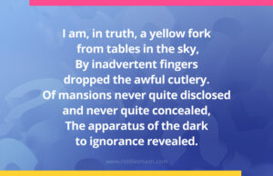 I am, in truth, a yellow fork from tables in the sky, By inadvertent fingers dropped the awful cutlery. Of mansions never quite disclosed and never quite concealed, The apparatus of the dark to ignorance revealed.