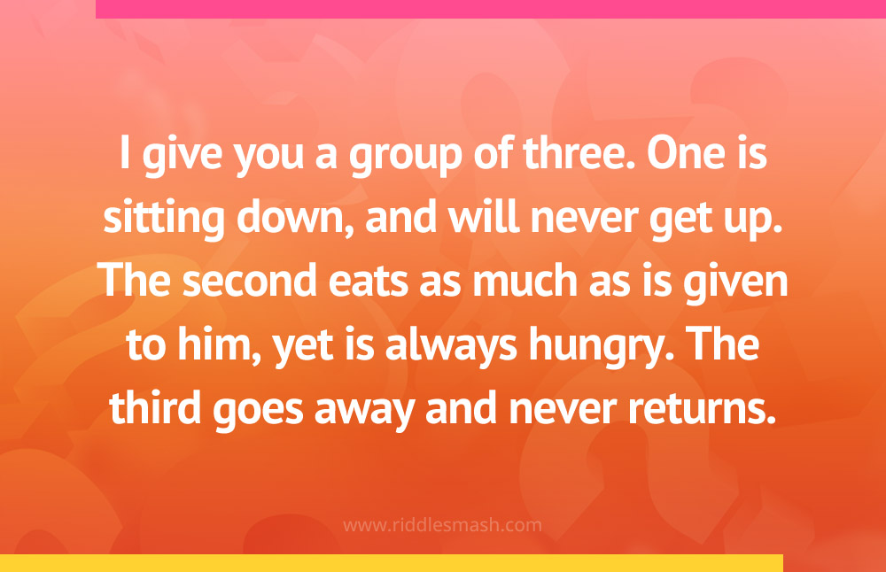 I give you a group of three. One is sitting down, and will never get up. The second eats as much as is given to him, yet is always hungry. The third goes away and never returns.