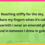 Reaching stiffly for the sky, I bare my fingers when it’s cold In warmth I wear an emerald glove And in between I dress in gold.