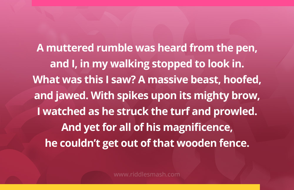 A muttered rumble was heard from the pen, and I, in my walking stopped to look in. What was this I saw? A massive beast, hoofed, and jawed. With spikes upon its mighty brow, I watched as he struck the turf and prowled. And yet for all of his magnificence, he couldn't get out of that wooden fence.
