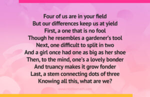 Four of us are in your field But our differences keep us at yield First, a one that is no fool Though he resembles a gardener's tool Next, one difficult to split in two And a girl once had one as big as her shoe Then, to the mind, one's a lovely bonder And truancy makes it grow fonder Last, a stem connecting dots of three Knowing all this, what are we?