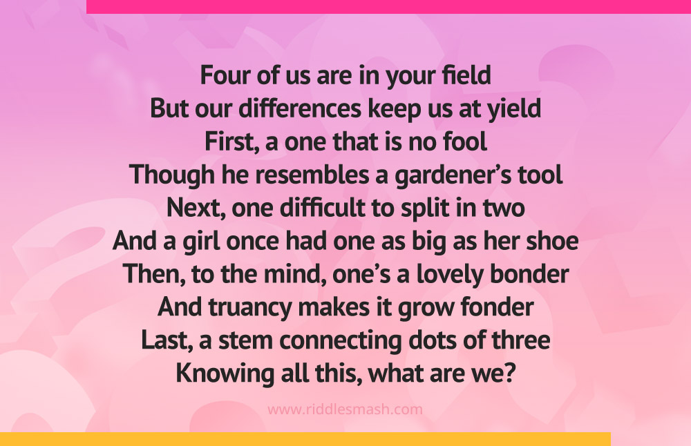 Four of us are in your field But our differences keep us at yield First, a one that is no fool Though he resembles a gardener's tool Next, one difficult to split in two And a girl once had one as big as her shoe Then, to the mind, one's a lovely bonder And truancy makes it grow fonder Last, a stem connecting dots of three Knowing all this, what are we?
