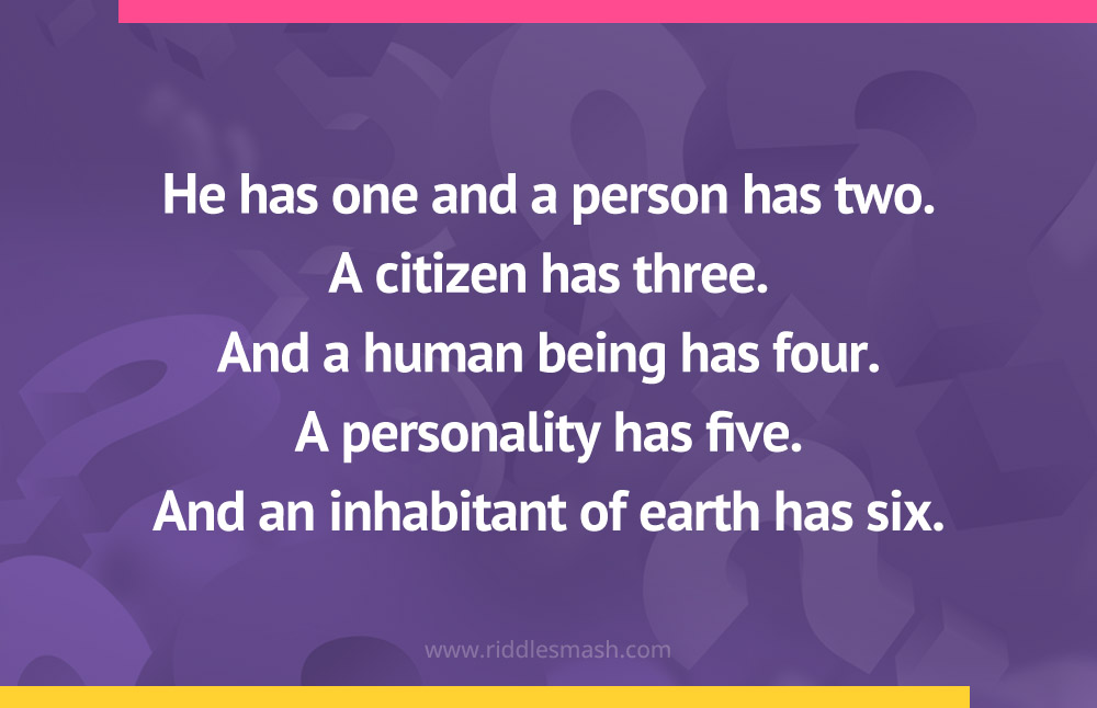 He has one and a person has two. A citizen has three. And a human being has four. A personality has five. And an inhabitant of earth has six.