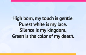 High born, my touch is gentle. Purest white is my lace. Silence is my kingdom. Green is the color of my death.