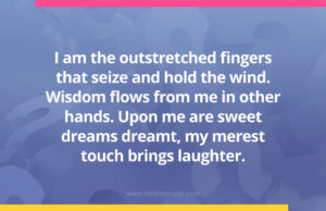 I am the outstretched fingers that seize and hold the wind. Wisdom flows from me in other hands. Upon me are sweet dreams dreamt, my merest touch brings laughter.