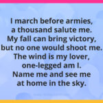 I march before armies, a thousand salute me. My fall can bring victory, but no one would shoot me. The wind is my lover, one-legged am I. Name me and see me at home in the sky.