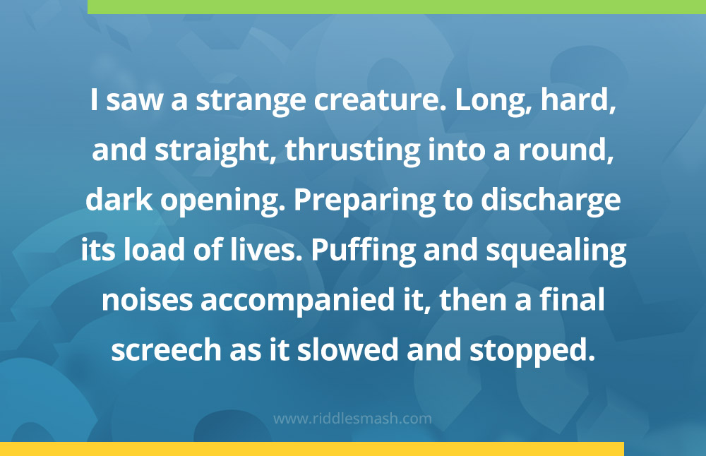 I saw a strange creature. Long, hard, and straight, thrusting into a round, dark opening. Preparing to discharge its load of lives. Puffing and squealing noises accompanied it, then a final screech as it slowed and stopped.