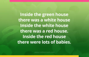 Inside the green house there was a white house Inside the white house there was a red house. Inside the red house there were lots of babies.