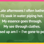 Late afternoons I often bathe. I'll soak in water piping hot. My essence goes through. My see through clothes. Used up am I - I've gone to pot.