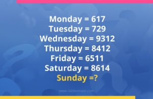 If Monday = 617 , Tuesday = 729 , Wednesday = 9312 , Thursday = 8412 , Friday = 6511 , Saturday = 8614, then Sunday =?