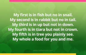 My first is in fish but no in snail. My second is in rabbit but no in tail. My third is in up but not in down. My fourth is in tiara but not in crown. My fifth is in tree you plainly see. My whole a food for you and me.