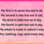 My first is in some but not in all. My second is into but not in tall. My third in little but no in big. My fourth in port but not in pig.My whole is made in nature's way. For clothing, rugs used every day.