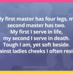 My first master has four legs, my second master has two. My first I serve in life, my second I serve in death. Tough I am, yet soft beside. Against ladies cheeks I often reside.