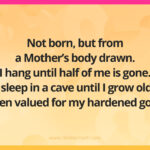 Not born, but from a Mother's body drawn. I hang until half of me is gone. I sleep in a cave until I grow old. Then valued for my hardened gold.
