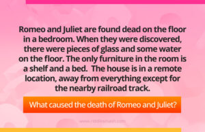 Romeo and Juliet are found dead on the floor in a bedroom. When they were discovered, there were pieces of glass and some water on the floor. The only furniture in the room is a shelf and a bed. The house is in a remote location, away from everything except for the nearby railroad track. What caused the death of Romeo and Juliet?