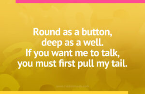 Round as a button, deep as a well. If you want me to talk, you must first pull my tail.