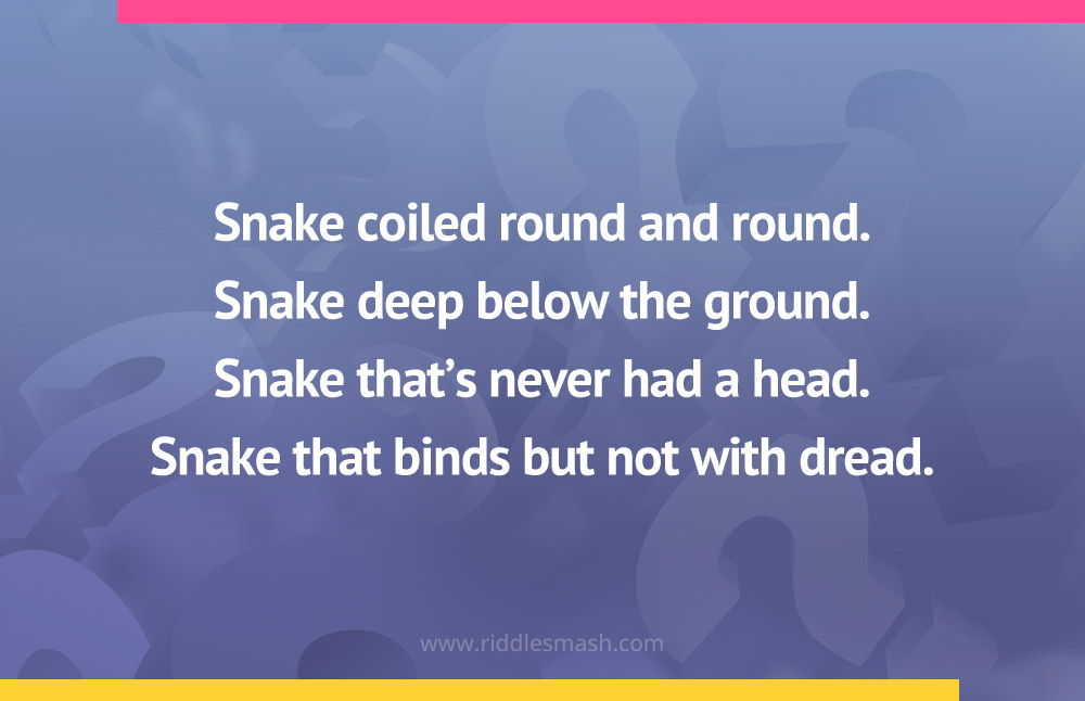 Snake coiled round and round. Snake deep below the ground. Snake that's never had a head. Snake that binds but not with dread.