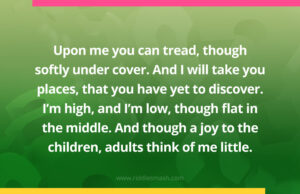 Upon me you can tread, though softly under cover. And I will take you places, that you have yet to discover. I'm high, and I'm low, though flat in the middle. And though a joy to the children, adults think of me little.