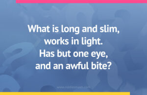 What is long and slim, works in light. Has but one eye, and an awful bite?