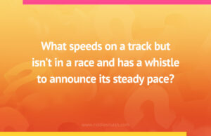 What speeds on a track but isn't in a race and has a whistle to announce its steady pace?