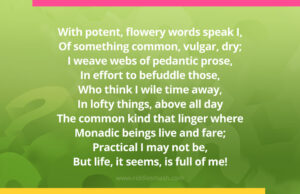 With potent, flowery words speak I, Of something common, vulgar, dry; I weave webs of pedantic prose, In effort to befuddle those, Who think I wile time away, In lofty things, above all day The common kind that linger where Monadic beings live and fare; Practical I may not be, But life, it seems, is full of me!