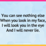 You can see nothing else When you look in my face, I will look you in the eye And I will never lie.