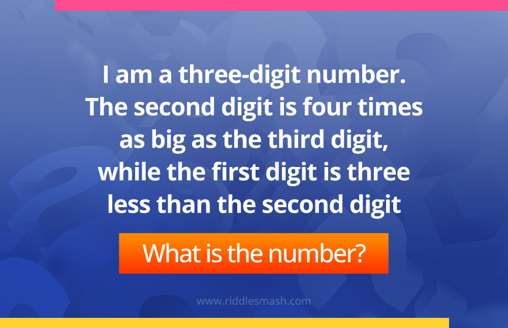 I am a three-digit number. The second digit is four times as big as the third digit, while the first digit is three less than the second digit.
