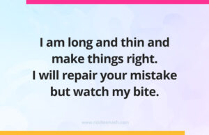 I am long and thin and make things right. I will repair your mistake but watch my bite.