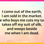 I come out of the earth, I am sold in the market. He who buys me cuts my tail, takes off my suit of silk, and weeps beside me when I am dead.