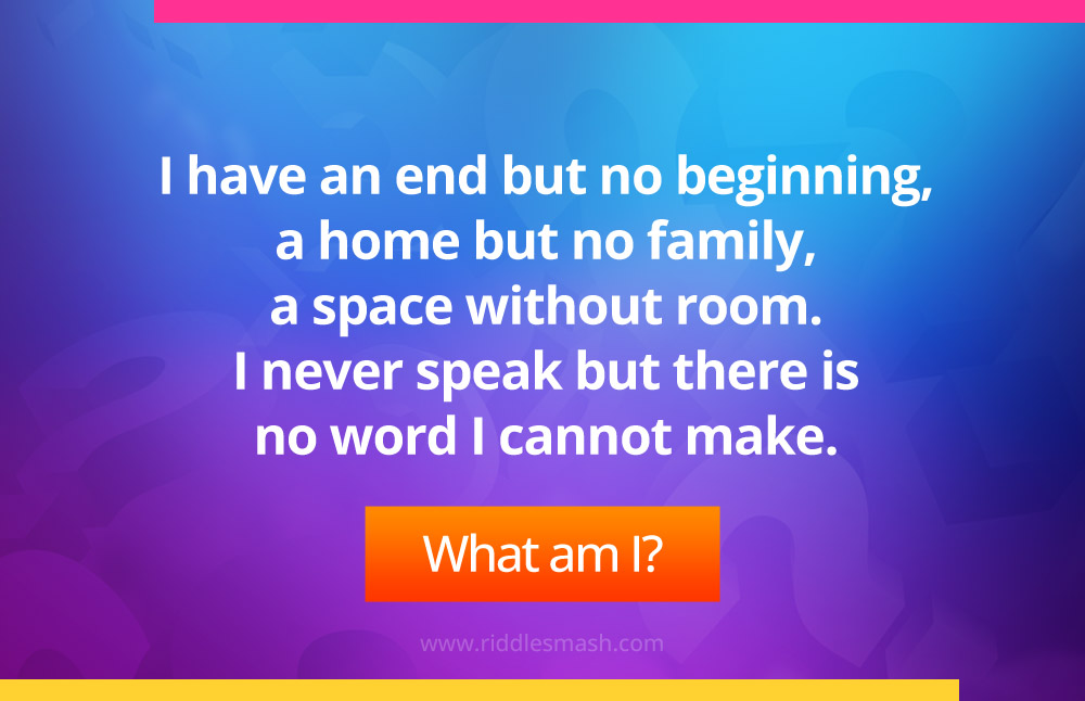 I have an end but no beginning, a home but no family, a space without room. I never speak but there is no word I cannot make.