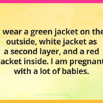 I wear a green jacket on the outside, white jacket as a second layer, and a red jacket inside. I am pregnant with a lot of babies.
