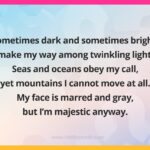 Sometimes dark and sometimes bright, I make my way among twinkling lights. Seas and oceans obey my call, yet mountains I cannot move at all. My face is marred and gray, but I'm majestic anyway.