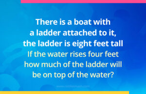 There is a boat with a ladder attached to it, the ladder is eight feet tall. If the water rises four feet how much of the ladder will be on top of the water?