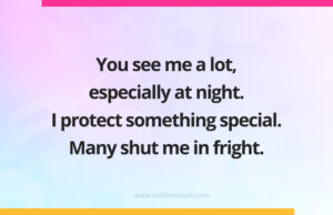 You see me a lot, especially at night. I protect something special. Many shut me in fright.