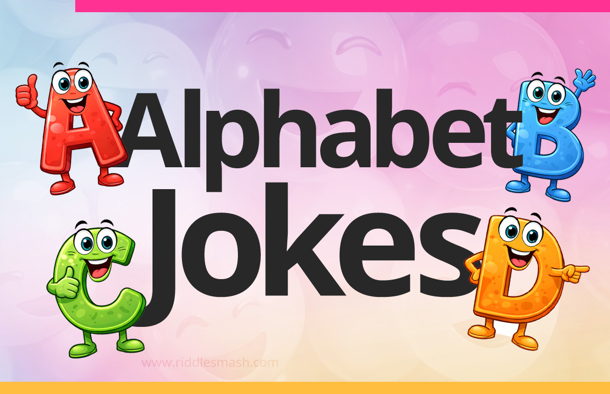 Funny alphabet jokes with an ABC-themed illustration featuring colorful letters