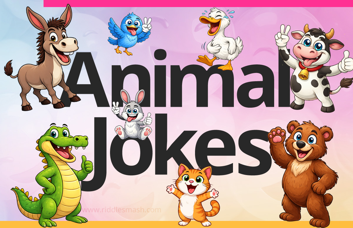 Funny animal jokes featuring cats, dogs, and wild animals