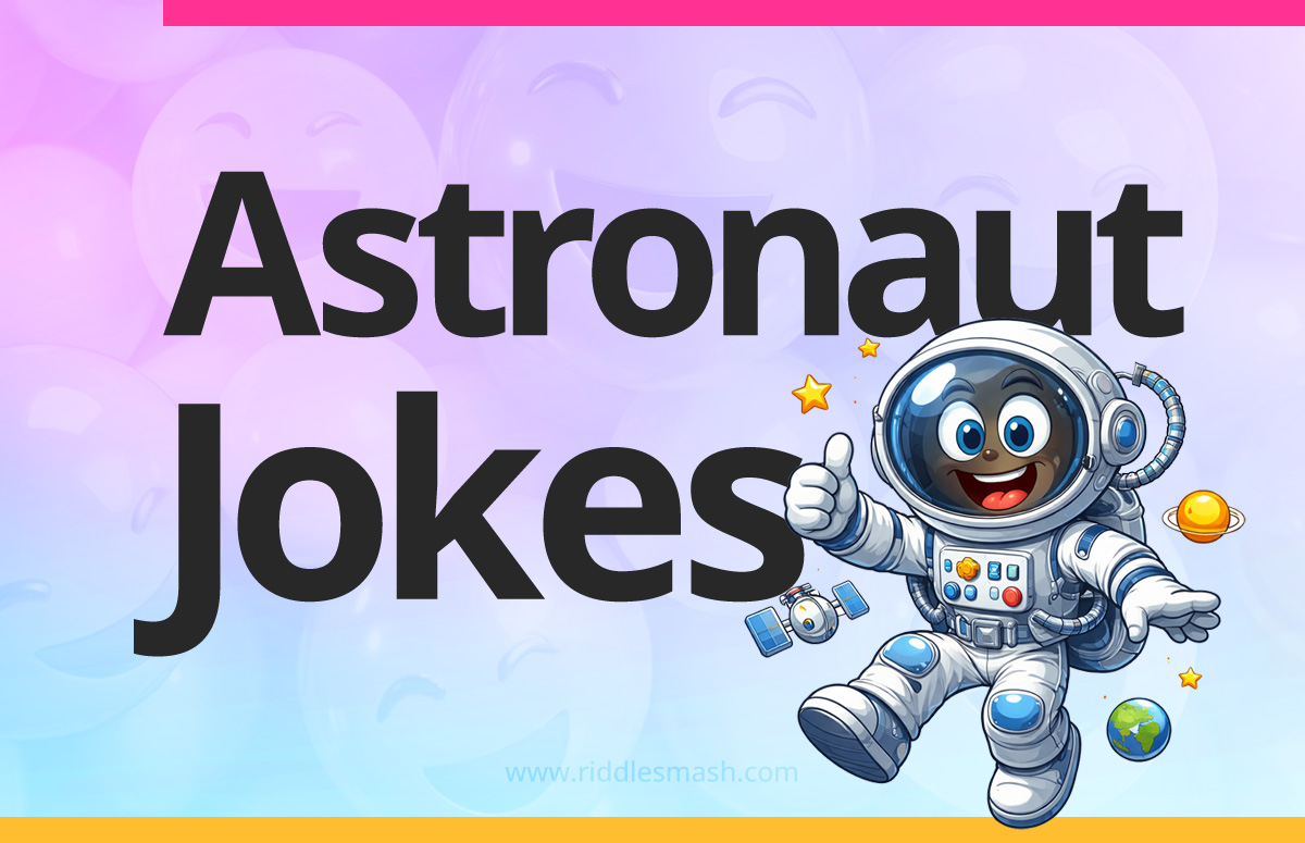 Funny astronaut jokes with a space-themed illustration of an astronaut and stars