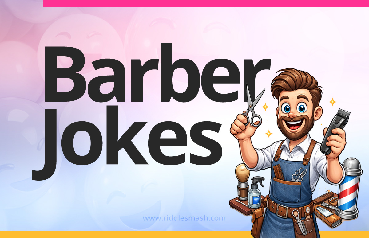 Funny barber jokes with a barbershop theme featuring scissors and a comb