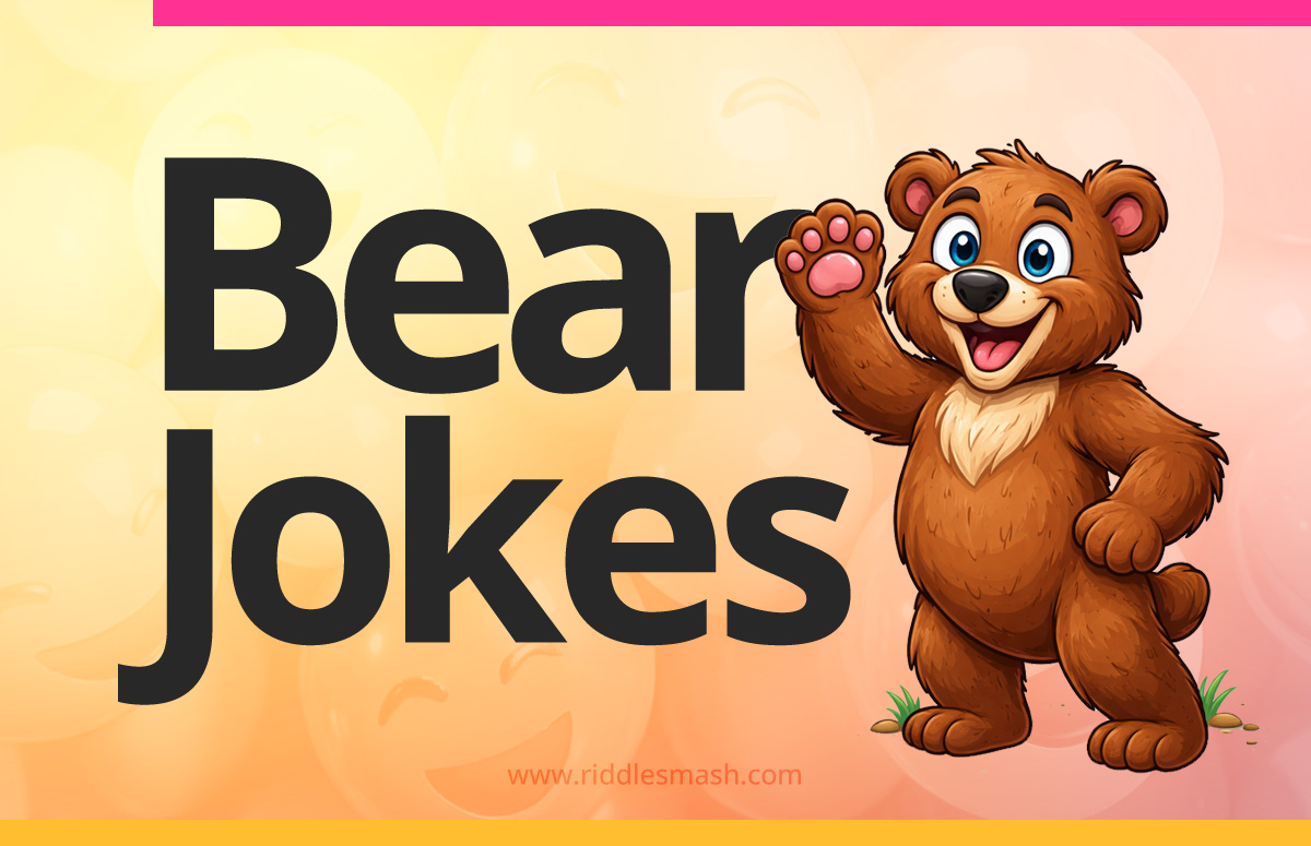 Funny bear jokes featuring a cartoon bear and playful pun theme