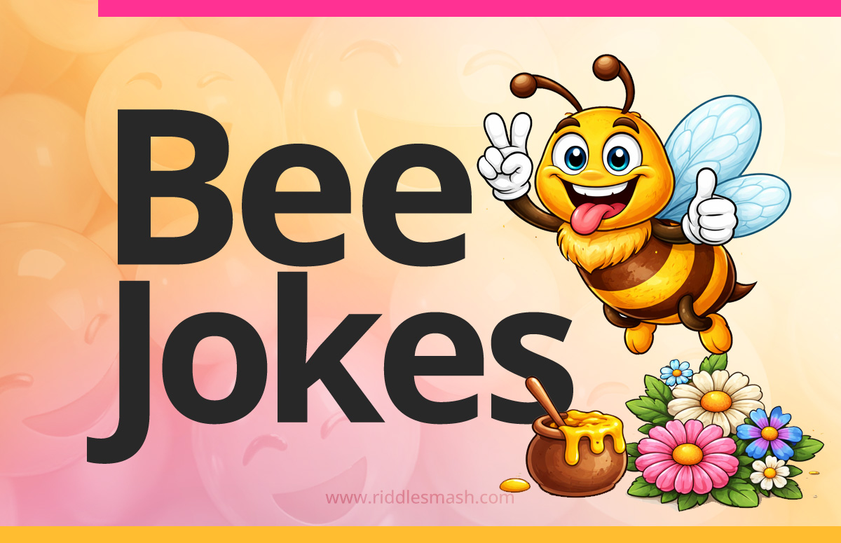 Funny bee jokes featuring a cute cartoon bee and playful pun theme
